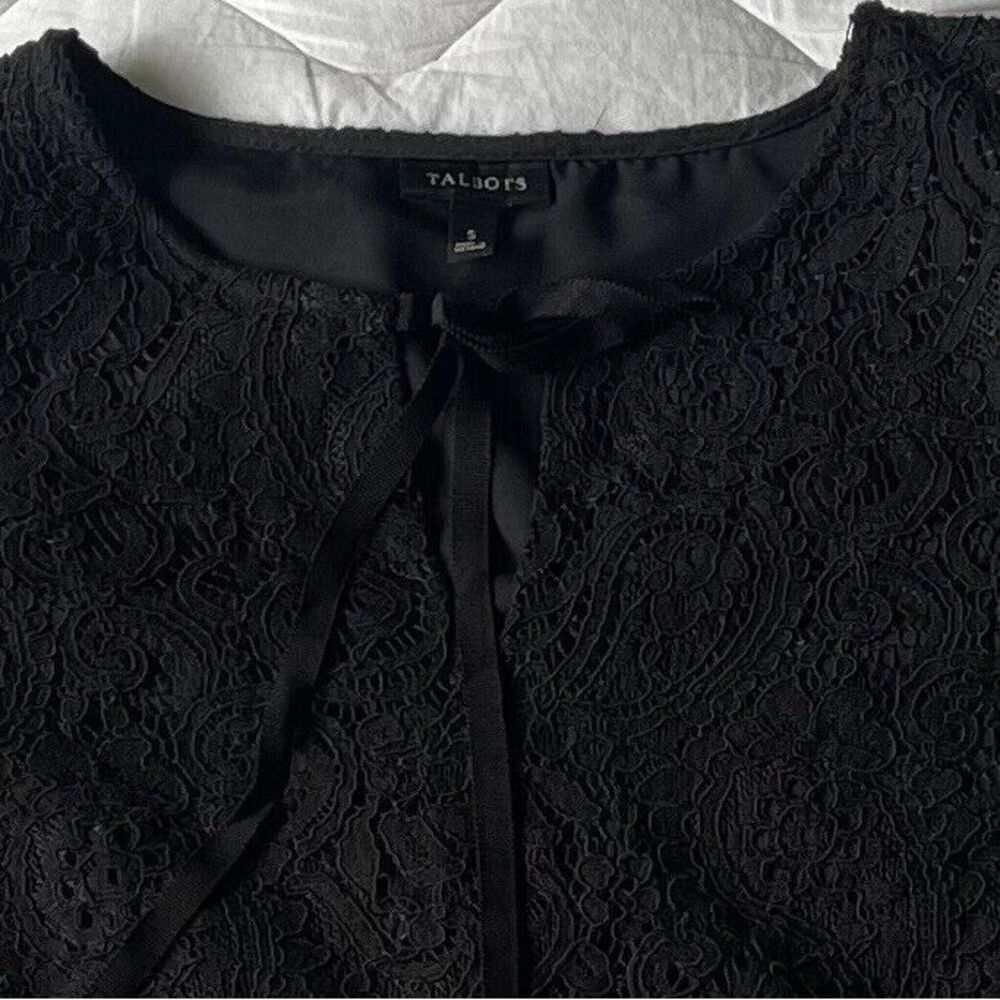 Talbots Womens Lined Lace Blouse Balloon Sleeve Round Neck Tunic Sz S Dark Black